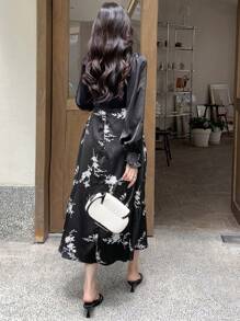 DAZY 印花荷葉袖洋裝 - 黑色 - 查看 2