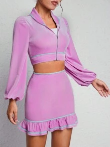 SHEIN PETITE Tay áo lồng đèn Áo Jacket Crop & Xù Hoa Sen Váy - Hồng - Xem 5