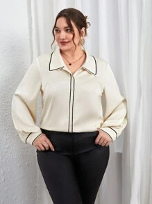 SHEIN Privé 大碼撞色滾邊襯衫 - 杏色 - 查看 5