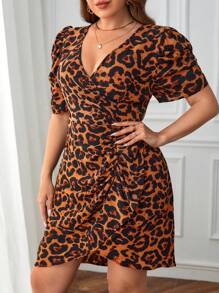 SHEIN Clasi Plus Leopard Print Puff Sleeve Ruffle Trim Wrap Dress - Brown - View 4