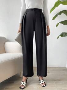 SHEIN Essnce Plicated Detail Straight Leg Pants - Black - View 3