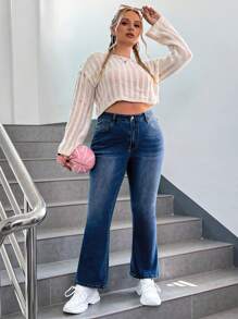 SHEIN EZwear 大碼高腰牛仔喇叭褲 - 中等水洗藍 - 查看 5