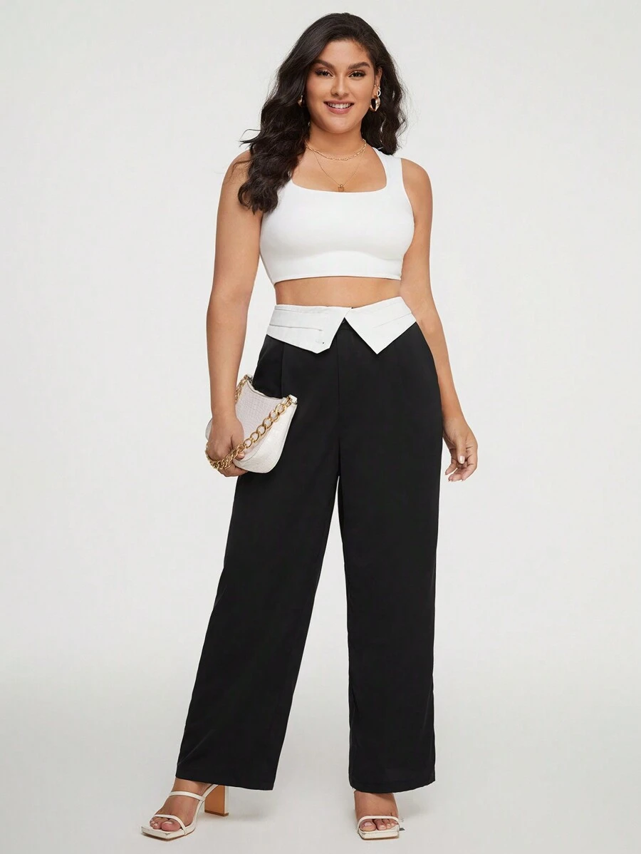 SHEIN Privé 大碼拼接腰部折疊闊腿褲 - 黑色 - 查看 1