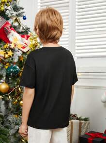 SHEIN Tween Boy 1pc Christmas Print Drop Shoulder Tee - Black - View 2