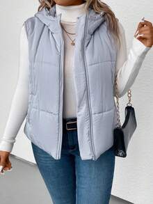 SHEIN LUNE Plus Áo khoác có mũ trùm đầu có khóa kéo có đệm Quần áo mùa đông - Xám - Xem 5