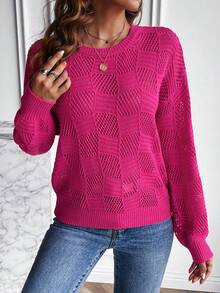 SHEIN LUNE Jersey unicolor de hombros caídos de punto de malla - Rosa Fucsia - Ver 3