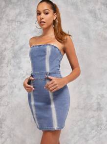 SHEIN Unity Tube Bodycon Stripe Seam Denim Dress - Medium Wash - View 1