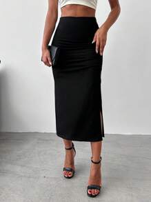 SHEIN Cottnline High Waist Ruched Split Thigh Skirt - Black - View 3