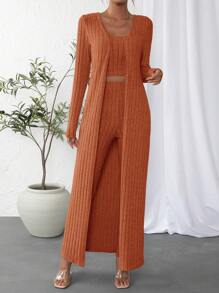 SHEIN Essnce Solid Crop Tank Top & Pants & Open Front Coat - Burnt Orange - View 5