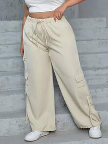 Eilly Bazar Plus Size Flap Pocket Side Drawstring Waist Cargo Pants Spring - Beige - View 4