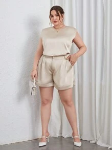 SHEIN Privé 大碼素色墊肩背心上衣和卷邊短褲 - 杏色 - 查看 6