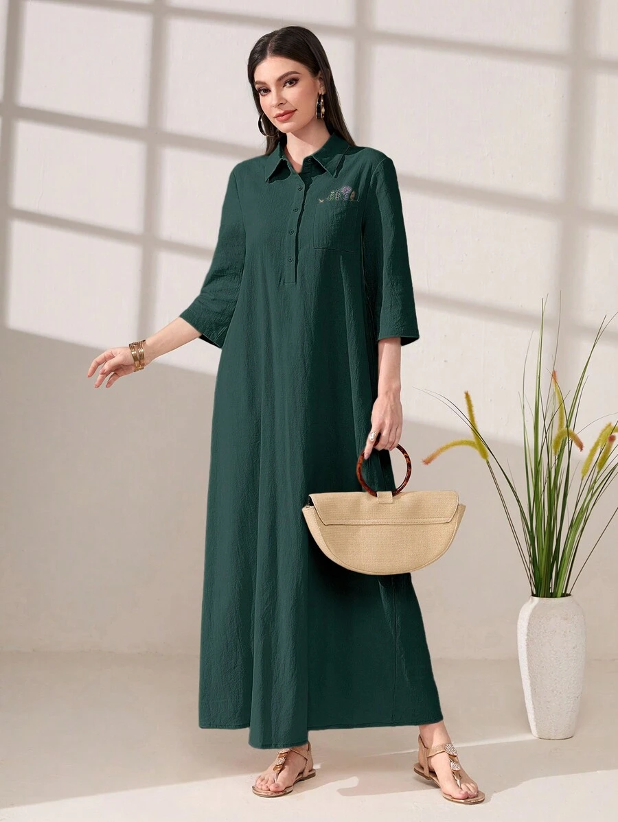 Mulvari 植物圖案口袋貼布洋裝 - 墨綠色 - 查看 1