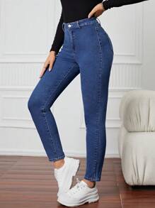 SHEIN EZwear Zipper Fly Skinny Jeans - Dark Wash - View 4