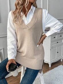 SHEIN LUNE 1 pieza Chaleco de punto bajo con abertura - Albaricoque - Ver 1