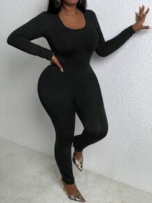 Slaydiva Plus Size Basic Black Elastic Knit Jumpsuit With Deep V-Neck, Casual Slim Fit - Black - View 6