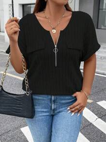 Calvaya Plus Half Zip Batwing Sleeve Tee - Black - View 3