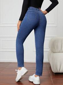 SHEIN EZwear Zipper Fly Skinny Jeans - Dark Wash - View 2