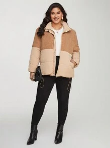 SHEIN Essnce Plus Two Tone Drawstring Hem Padded Coat - Khaki - View 4
