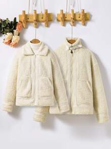 SHEIN Unity Zip Up Drop Shoulder Teddy Coat - Black and White - View 6
