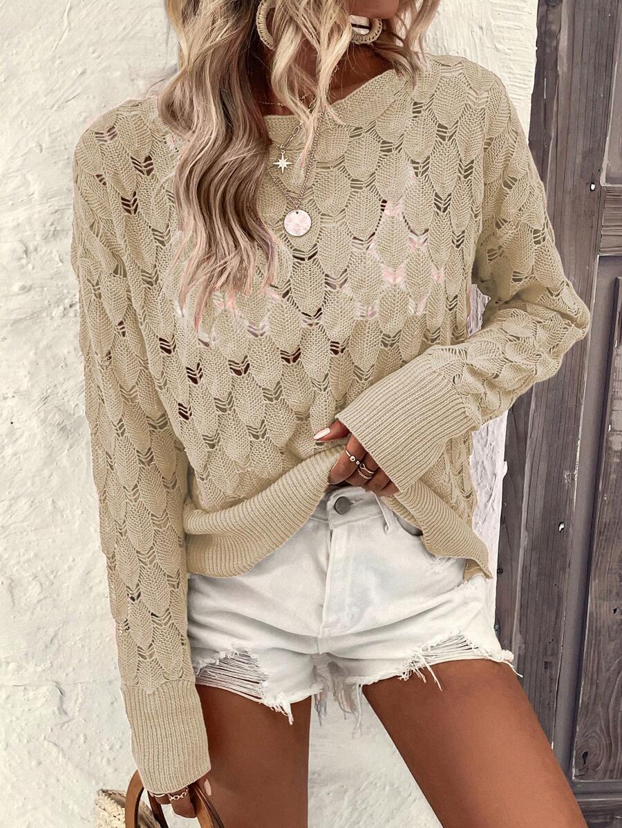 SHEIN VCAY Chất rắn Dệt kim chấm bi Thả vai Áo len - Màu be - Xem 1