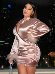 SHEIN SXY Fuzzy Cuff Ruched Wrap Hem Satin Bodycon Dress - Pink - View 1