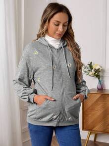SHEIN Maternity Zip Up Floral Embroidery Drawstring Sweatshirt - Light Grey - View 5