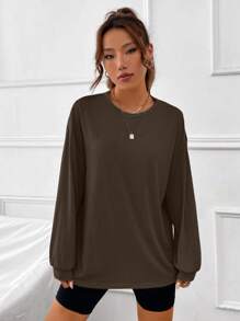 SHEIN EZwear 山和月亮印花落肩T恤 - 巧克力棕 - 查看 5