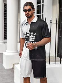 Manfinity LEGND Men Plus Letter Graphic Two Tone Polo Shirt & Shorts - Black and White - View 5