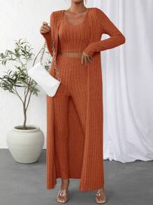 SHEIN Essnce Solid Crop Tank Top & Pants & Open Front Coat - Burnt Orange - View 6