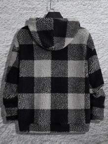Manfinity VCAY Loose Fit Men's Plaid Print Drawstring Hooded Teddy Jacket (Without T-Shirt), For Fall Winter - Black - View 2