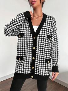 EURMUSE Women's Houndstooth Long Sleeve Metal Single-Breasted Casual Loose Knit Cardigan, Autumn/Winter - Black and White - View 5