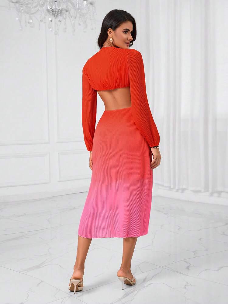 Ombre Plunging Neck Lantern Sleeve Cutout Waist Dress Fall Cloth For Women