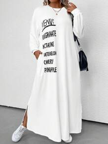 SHEIN LUNE Plus Letter Graphic Drop Shoulder Split Hem Dress - White - View 3