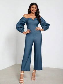 SHONTAY RACQUEL 一字肩缺口領燈籠袖錐形腿連身褲 - 藍色 - 查看 4