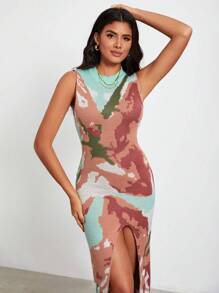 Becci Designer Graphic Pattern Split Thigh Elegant Tank Sweater Dresses, For Holiday, Party, Vacation Outfit, Birthday Outfits, Festival, Ibiza Fits, Wedding Prom Dress - Multicolor - View 5