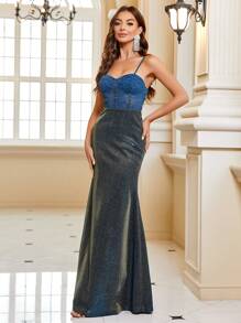 SHEIN Belle 金屬亮絲魚尾裙下擺正式洋裝 - 藍色 - 查看 1