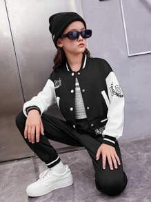 SHEIN 女大童1入組字母圖案雙色學院風夾克和1入組衛褲 - 黑色 - 查看 1