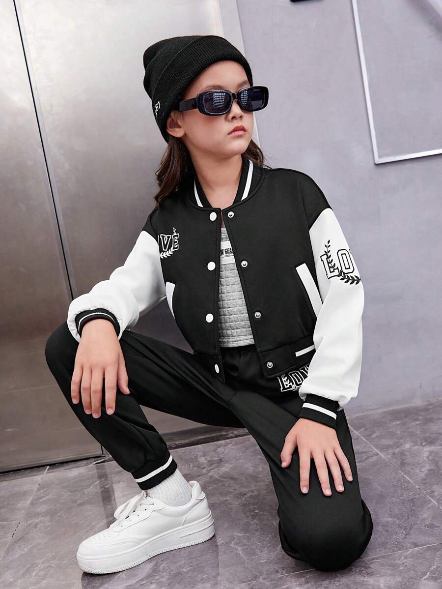 SHEIN 女大童1入組字母圖案雙色學院風夾克和1入組衛褲 - 黑色 - 查看 1