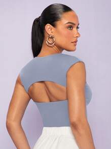 SHEIN BAE Cổ Trái tim Chất rắn Áo ba lỗ - Màu xanh bụi bặm - Xem 2