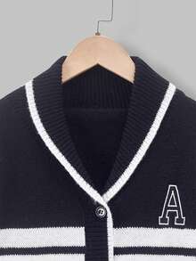 Tween Boy Striped Pattern Embroidery Detail Drop Shoulder Cardigan - Black and White - View 6