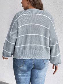 SHEIN LUNE Hơn Mẫu sọc Thả vai Áo len Duster - Xám - Xem 2