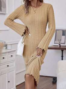 SHEIN Unity Không lưng Ren Mộc nhĩ Đầm Áo len - Màu Khaki - Xem 6