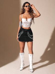 SHEIN BAE Váy denim có viền thô chi tiết kim cương giả - màu đen - Xem 1