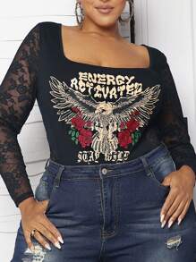 SHEIN CURVE+ 大碼花和標語圖案方領蕾絲袖上衣 - 黑色 - 查看 1