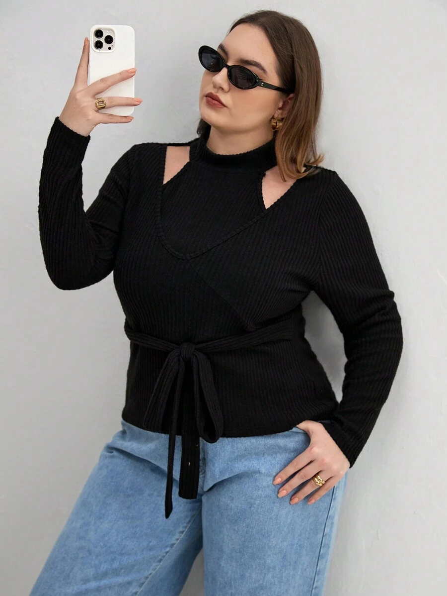 SHEIN Essnce Cộng với áo thun có thắt lưng cắt ra - màu đen - Xem 1