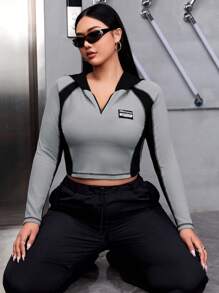 SHEIN EZwear Plus Letter Patched Detail Contrast Panel Crop Sweatshirt - Multicolor - View 1
