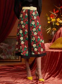 Frida Kahlo X SHEIN X Designer PANUCO Floral Print Split Hem Belted Skirt