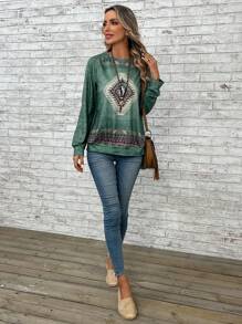 EMERY ROSE Sudadera con estampado geométrico de manga raglán - Verde militar - Ver 5