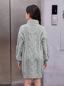 SHEIN 女大童高領麻花編織落肩袖毛衣洋裝不附腰帶 - 灰色 - 查看 2