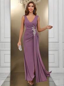 SHEIN Belle Applique Detail Ruched Split Thigh Dress Formal Dress - Pink - View 3